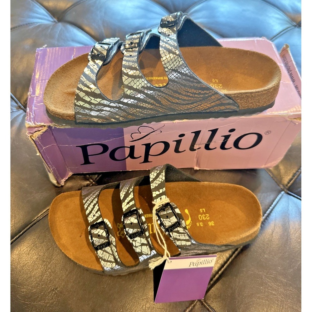 Papillio by Birkenstock Size EU 36/W5 Narrow Florida Zebra Sandals Silver Black